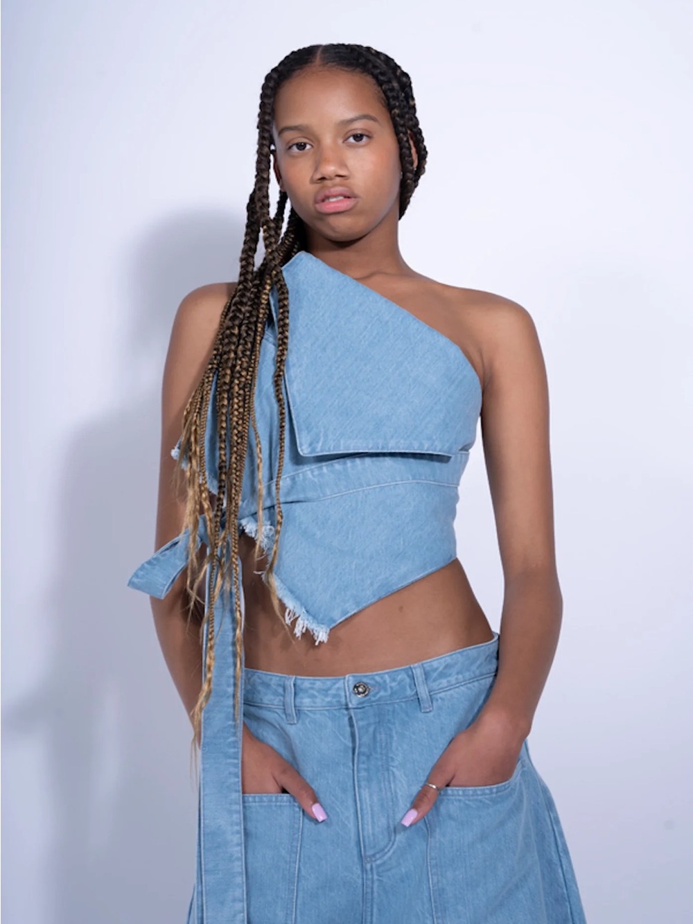 Marques Almeida One-Shoulder Tie-Detailed Frayed Denim Top